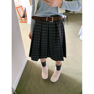 黄峥 学院风复古磨毛格子百褶裙女冬季韩版高腰短款a字伞裙541108