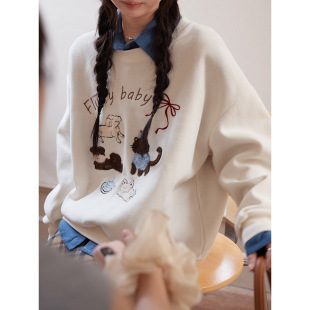 歌铭字母卡通刺绣卫衣女秋季 毛巾绣卫衣 上衣t7994f 萌友