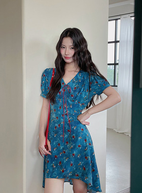 【深海玫瑰】歌铭法式复古不规则碎花连衣裙女装夏季中长裙D4925F