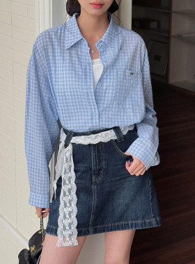 韩系搭配蓝色格子衬衫外套女夏季慵懒风长袖防晒复古薄款宽松上衣