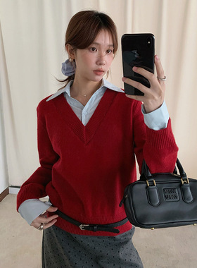 【歌铭】设计感假两件衬衫领拼接毛衣女2025冬季新款针织衫J0035D