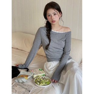 歌铭设计感斜肩拼接蕾丝T恤女春季 半熟甜心 2色 上衣N816B 新款
