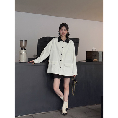 【秋季巴恩风外套】歌铭撞色拼接皮领工装外套新款宽松大衣W737B