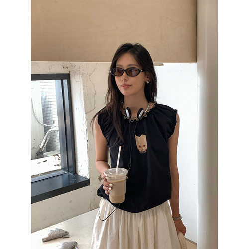 黄峥韩版巨好看穿搭可爱甜美花边宽松无袖短上衣女印花背心