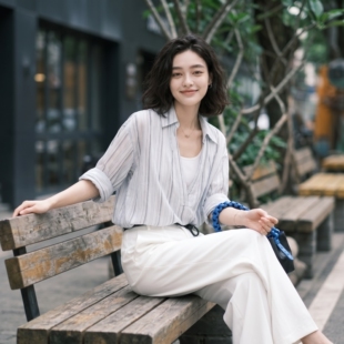 法诺娜翻领短袖衬衫女夏季新款条纹含麻宽松气质休闲显瘦百搭上衣