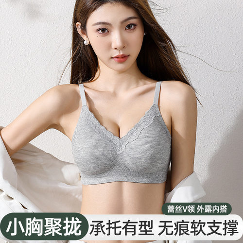 原创新款粉底液美背蕾丝V领聚拢收副乳文胸罩固定杯无痕裸感螺纹