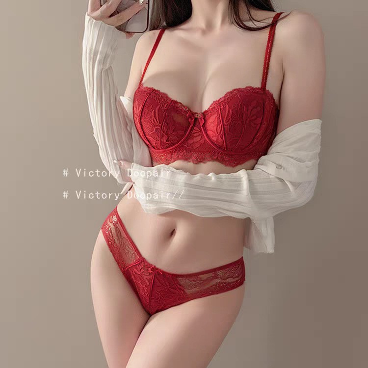 本命年内衣套装女薄款大胸显小收副乳结婚新娘红色蕾丝文胸秋冬季