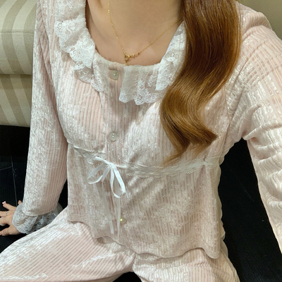 金丝绒睡衣女秋冬季带胸垫