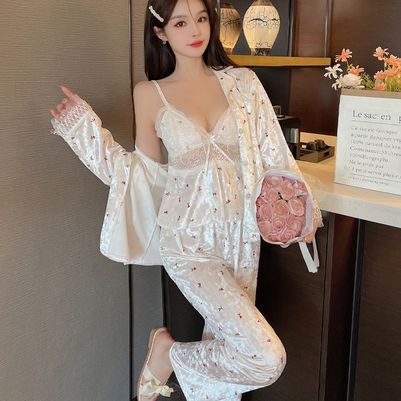 性感睡衣女春秋冬季金丝绒2022年新款碎花带胸垫吊带家居服三件套