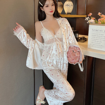 金丝绒睡衣女秋冬季性感三件套