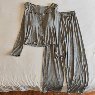 带胸垫莫代尔纯色简约纯棉可外穿家居服套装 2023新款 睡衣女秋冬季