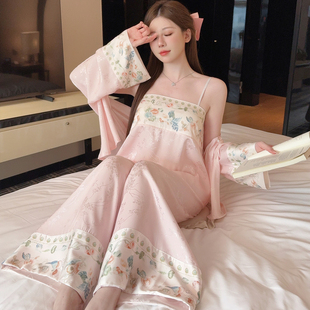 新中式冰丝睡衣女吊带长袖带胸垫2025新款性感纯欲风三件套家居服