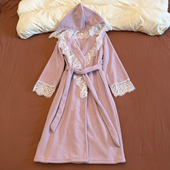 半边绒睡袍女冬季 浴袍晨袍蕾丝花边连帽系带家居服 加绒睡衣中长款
