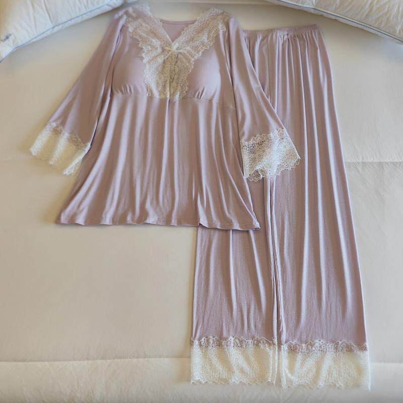 带胸垫睡衣女春秋季莫代尔蕾丝花边性感纯欲风薄款纯棉家居服套装