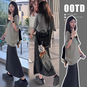 孕妇套装 气质印花T恤上衣可调节弹力亲肤半裙 灰色慵懒风松弛时尚