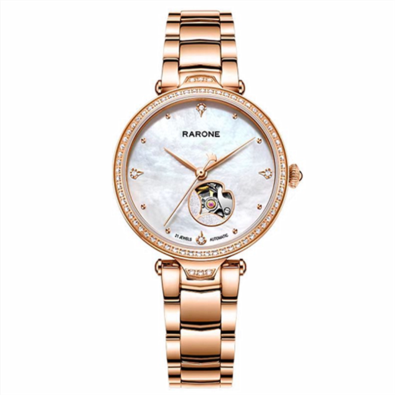 新款rarone雷诺表夜色系列机械腕表镂空时尚防水钢带女表8860448