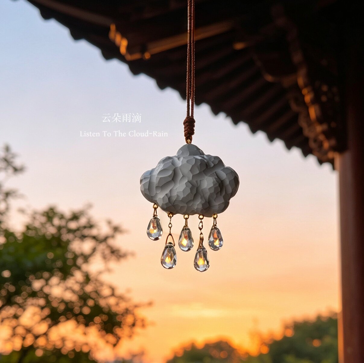 云朵雨滴 原创木雕汽车后视镜挂饰 阳台装饰吊坠 文艺下雨天挂件