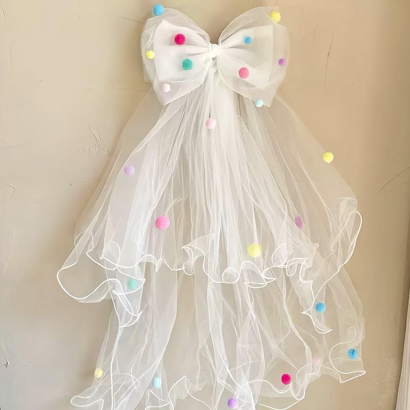 彩色毛球蝴蝶结头纱发夹公主头饰鸭嘴夹可爱发饰写真拍照演出道具