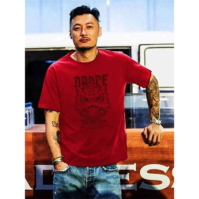 醒狮国潮短袖t恤男纯棉红