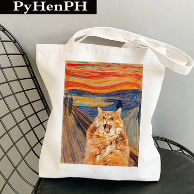 Scream Canvas Tote Bag 猫咪油画风印花手提单肩帆布包托特包袋
