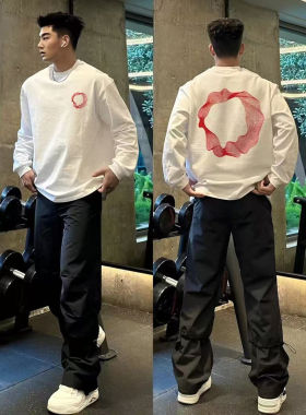 美式高街潮牌圆环印花长袖T恤男重磅纯棉宽松圆领学生青年打底衫
