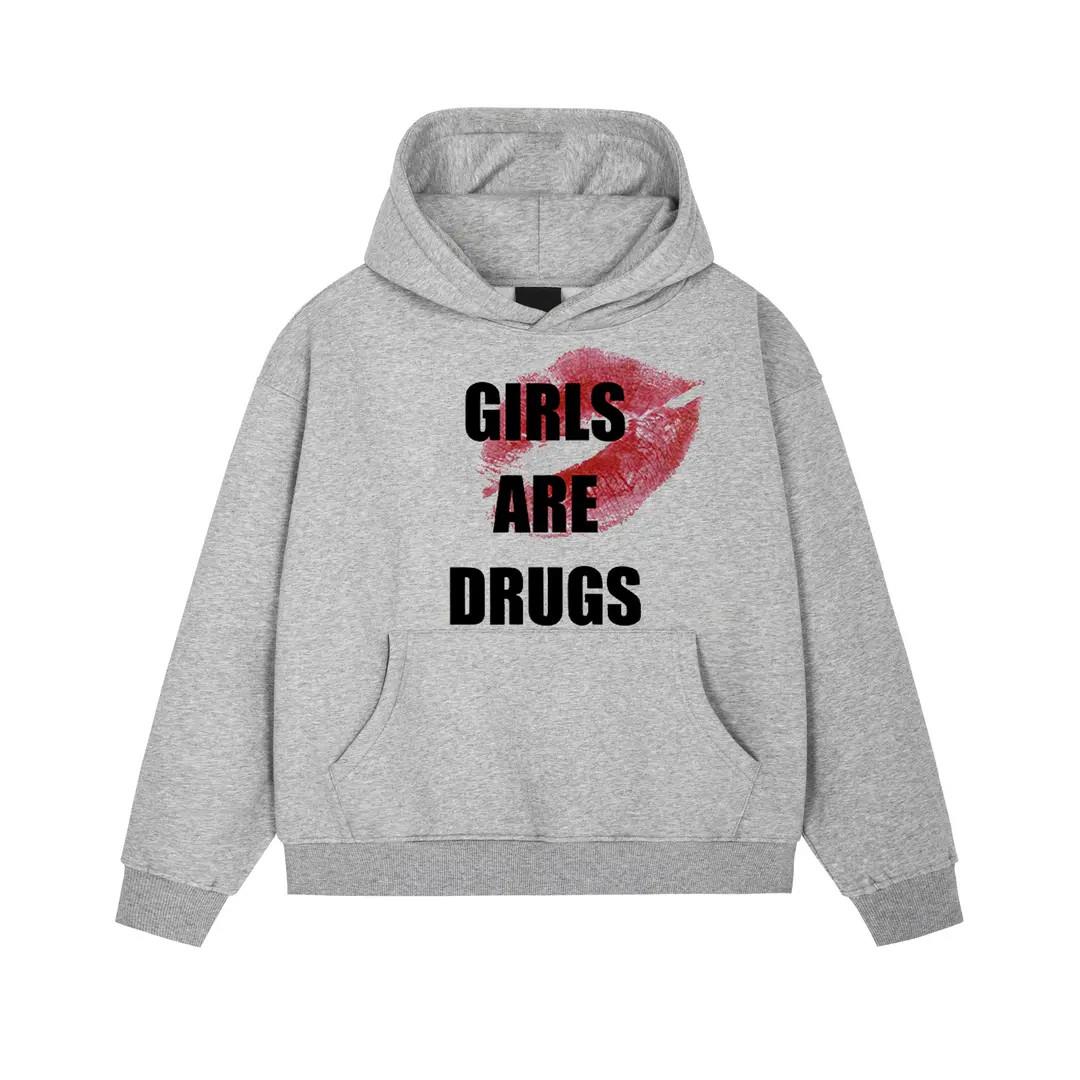 女孩是毒药标语印花灰色美式街头连帽卫衣加绒加厚男女复古重磅潮