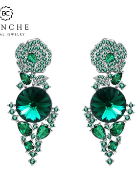 BLANCHE/布兰琪绿色山茶花施家水晶耳环欧美夸张耳坠巨好看耳饰女