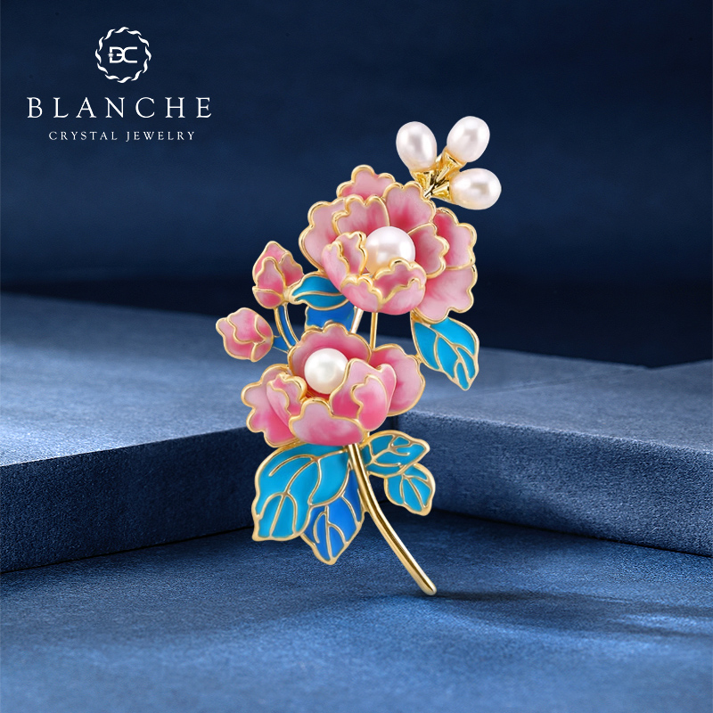国风粉色彩绘牡丹花天然珍珠胸针