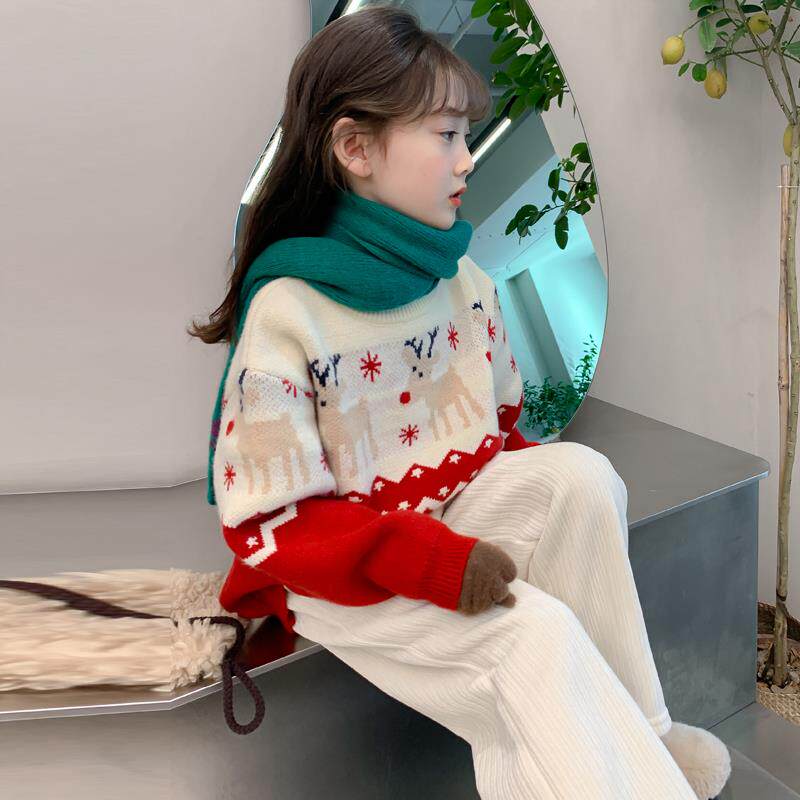 英国Next chek女童毛衣新款儿童女孩春秋圣诞麋鹿新年打底针织衫