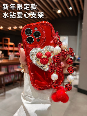 2025年新年款适用苹果16promax手机壳新款秋冬iphone14水钻支架红色xsmax高级感13硅胶全包防摔12带挂绳15pm