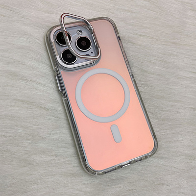 镭射炫彩渐变适用iPhone16防滑边13磨砂plus磁吸苹果15手机壳带支架15ProMax半透明14隐形镜头支架12PM高级11