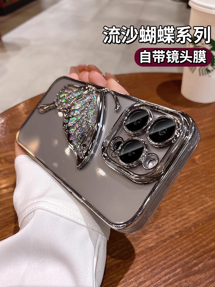 唯美流沙蝴蝶适用苹果17Promax手机壳iPhone16Pro透明高级闪粉15pm带镜头膜14全包防摔12por网红13新款硅胶套