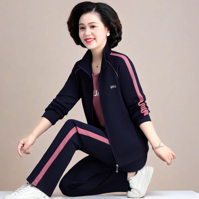 中老年妈妈秋装长袖休闲运动服女春秋贵夫人名牌高端卫衣三件套装