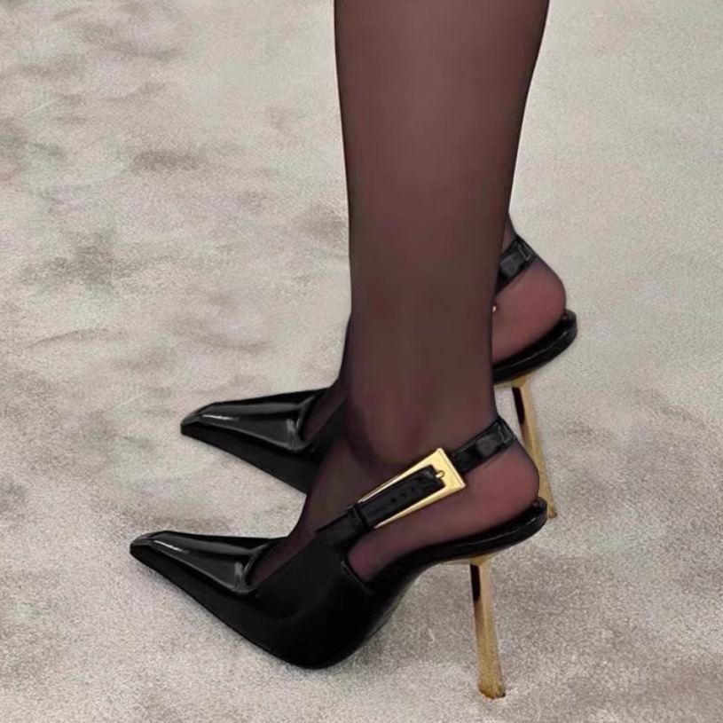 小金条高跟鞋女2025新款细跟尖头一字带御姐性感黑色漆皮包头凉鞋