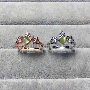 S925镀18K白金玫瑰金天然金绿猫眼戒指金绿宝石指环 日韩 女 包邮