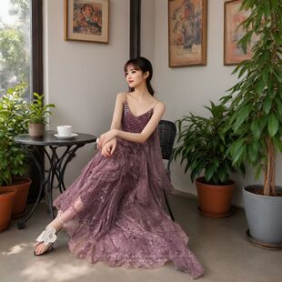三吉同款「4/16日」【贝蕾】重工贝壳层次感蕾丝珠片吊带裙