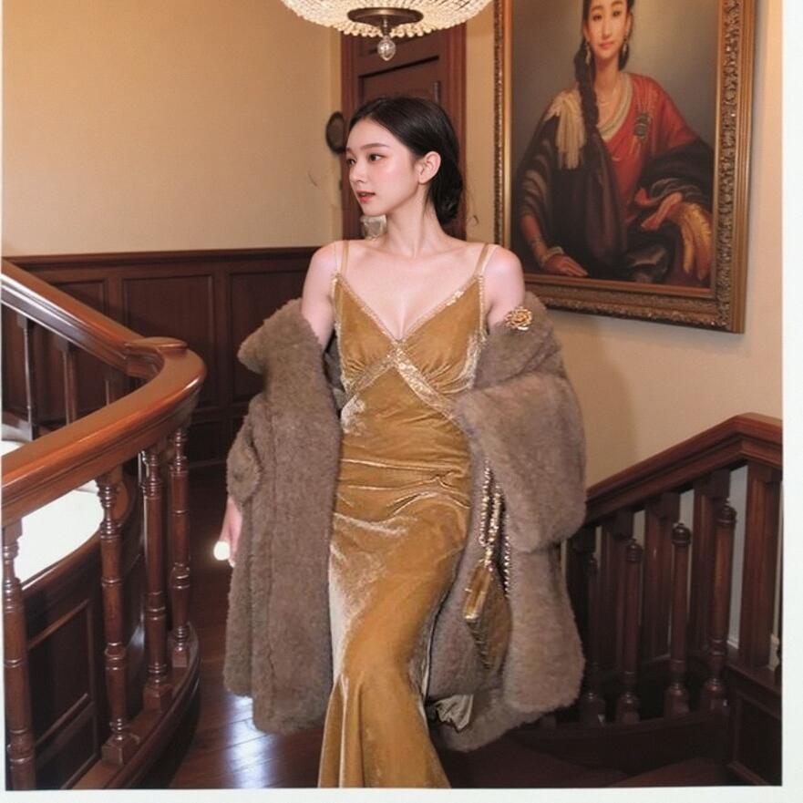 MOSS  1.15【玉叶金枝】仿真丝蕾丝吊带长裙