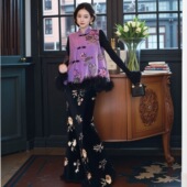 国风新中式 MOSS 云玺浮光 丝绒亮片绣松紧腰鱼尾裙半裙