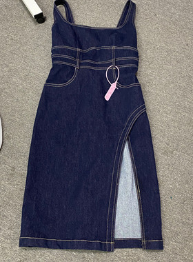 【地球店】蓝色弹力修身显瘦背带牛仔连衣裙女夏季高腰开衩短裙子
