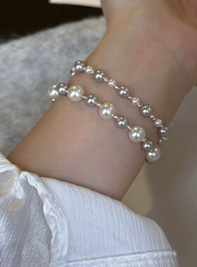 爆闪小银珠原创银色手链真多麻灰色间隔施家珍珠小众气质手链