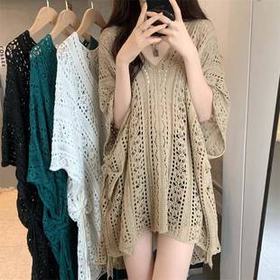 上衣服 韩版 减龄显瘦时髦镂空针织衫 女夏季 设计感小众体恤百搭罩衫
