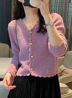 2025秋冬装新款女装小香风独特紫色短款上衣高级感超好看减龄毛衣