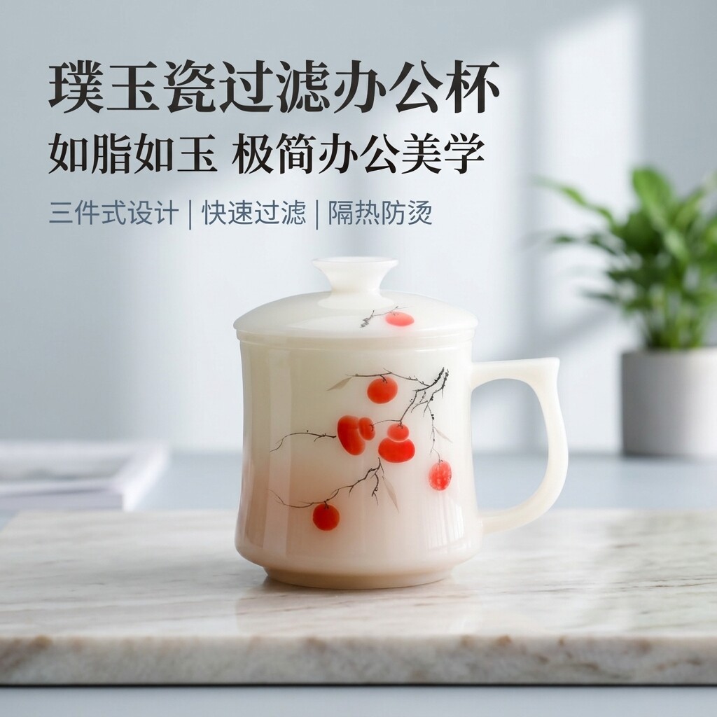 新款手绘冰种璞玉瓷办公杯茶水分离带盖过滤茶杯礼盒装商务伴手礼