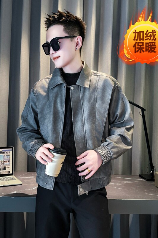 黑色314B-2-PY01-128控168秋季新款翻领皮衣外套男简约潮流皮夹克图片