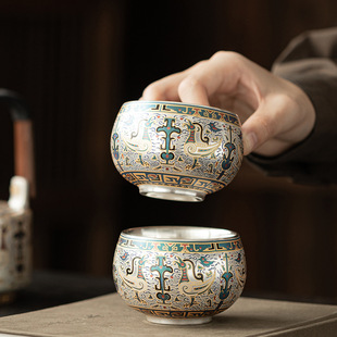 「千秋大業」鎏银国风主人杯家用陶瓷茶杯天命之鸟文创茶具茶盏