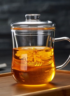 绿昌明玻璃茶杯带把手过滤家用水杯子加厚透明泡茶带盖办公花茶杯