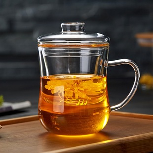 绿昌明玻璃茶杯过滤家用简约水杯子女可爱加厚透明泡茶带盖花茶杯