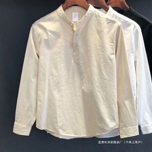 上衣百搭潮流休闲套头衬衣外套新中式 棉麻立领长袖 春秋季 男款 衬衫