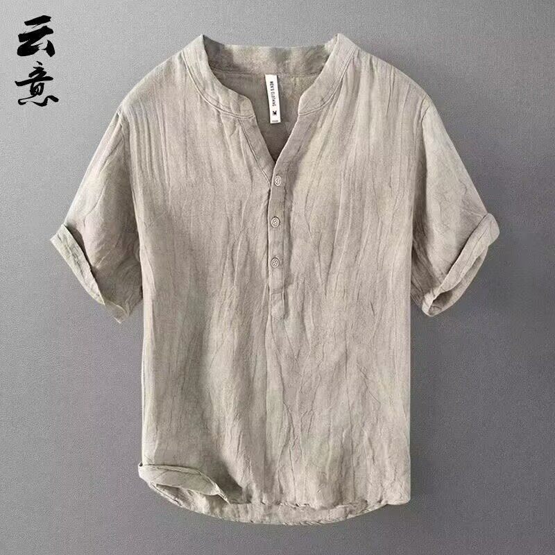 棉麻短袖t恤男夏季中国风宽松薄款V领上衣复古休闲半袖麻料体恤凉