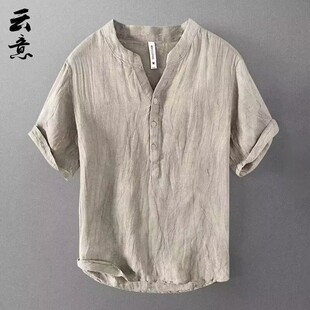 棉麻短袖t恤男夏季中国风宽松薄款V领上衣复古休闲半袖麻料体恤凉